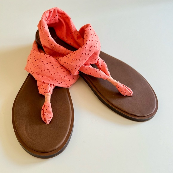 SANUK Stretchy Coral Peach Orange Leather Sling Yoga Sandals Comfy Summer Shoes - Picture 9 of 15